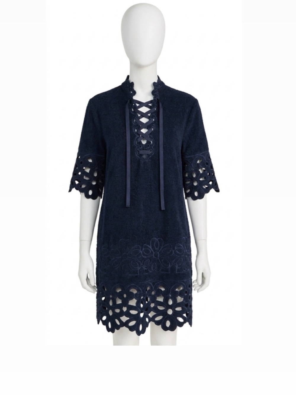 Sea New York Navy Lace-Up Floral Eyelet Short Dress - terry cloth